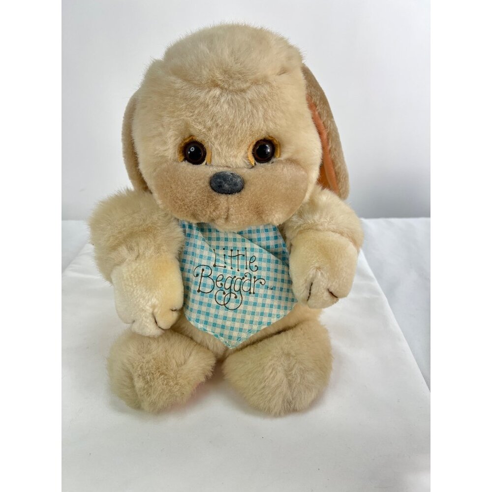 Vintage Applause Plush Dog "Little Beggar" Beige Stuffed Animal With Gingham Bib